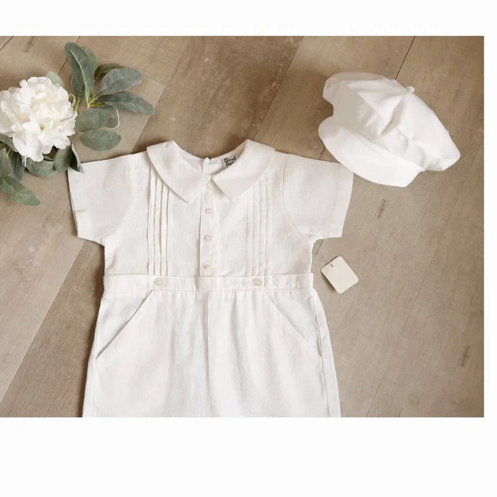 White Linen Dressy Romper & Hat Boutique Boy Special Occasion 3/6 Month New